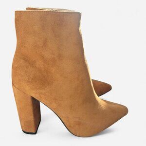 Women's Tan Suede Ankle Boots Pointed Toe Block Heel Side Zip